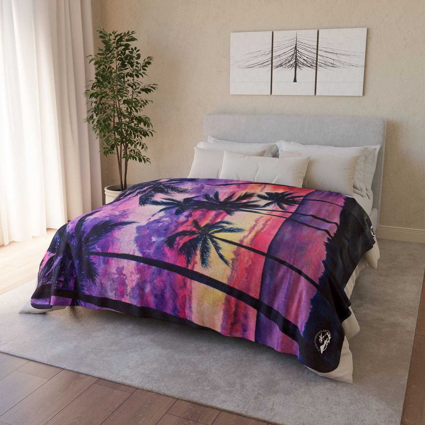 Pink Palms Tropical Sunset Fleece Sherpa Blanket — Palm Trees Purple Pink Beach Throw