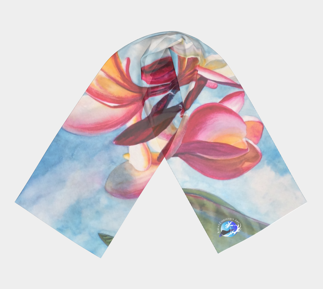 Long Scarf with Art of Watercolor Plumeria flowers by artist Christie Marie Elder