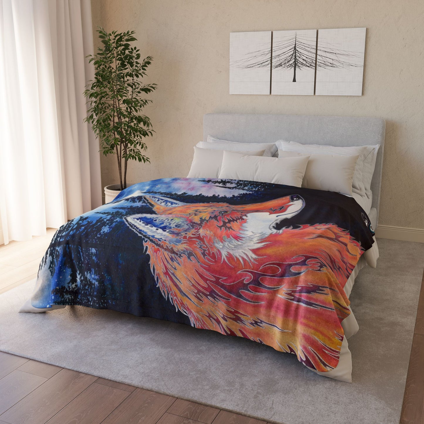 Fox Night Sky Fleece Sherpa Blanket — Cozy Woodland Fox Throw for Nature Lovers
