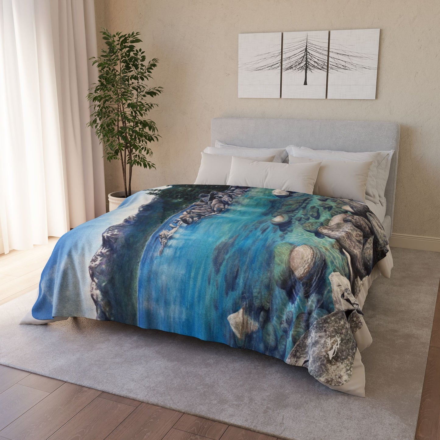 Scenic Mountain Lake Tahoe, Sand Harbor Watercolor Art Fleece Sherpa Blanket — Tranquil Nature Throw