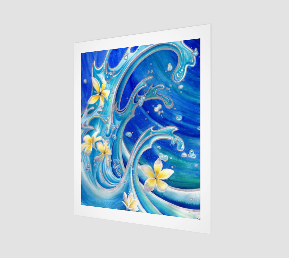 "Blue Hawaii"" 16" x 20" Stylized Tropical Wave with Plumeria Frangipani Fine Art Print