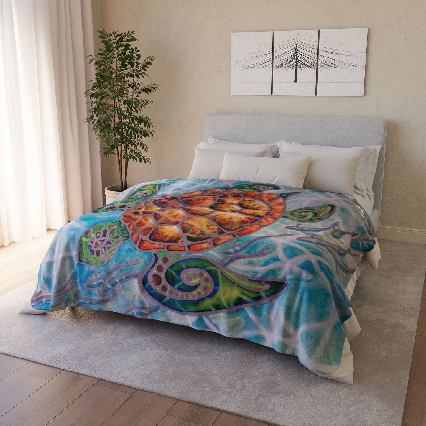 Tribal Sea Turtle Fleece Sherpa Blanket — Cozy Tropical Ocean-Inspired Throw for Beach Lovers