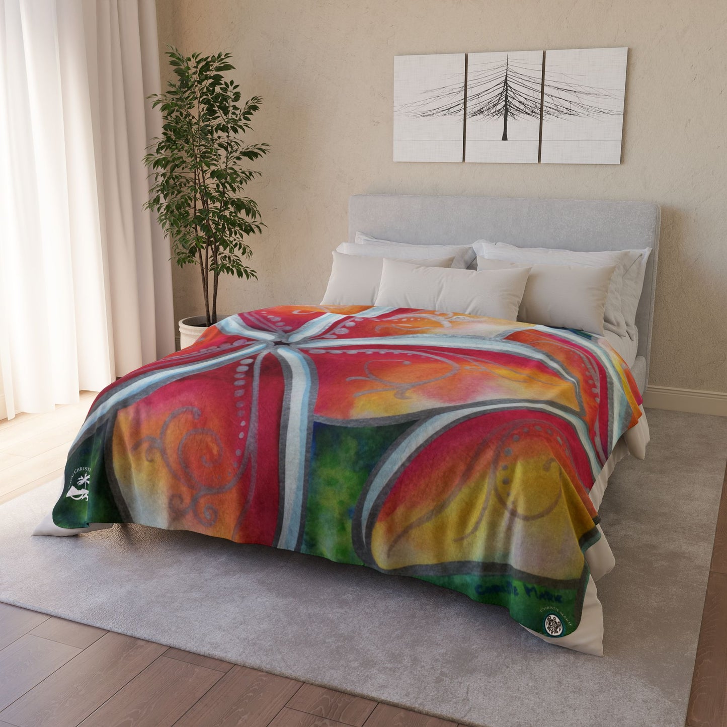 Plumeria Floral Sherpa Blanket — Tropical Hibiscus Plush Throw