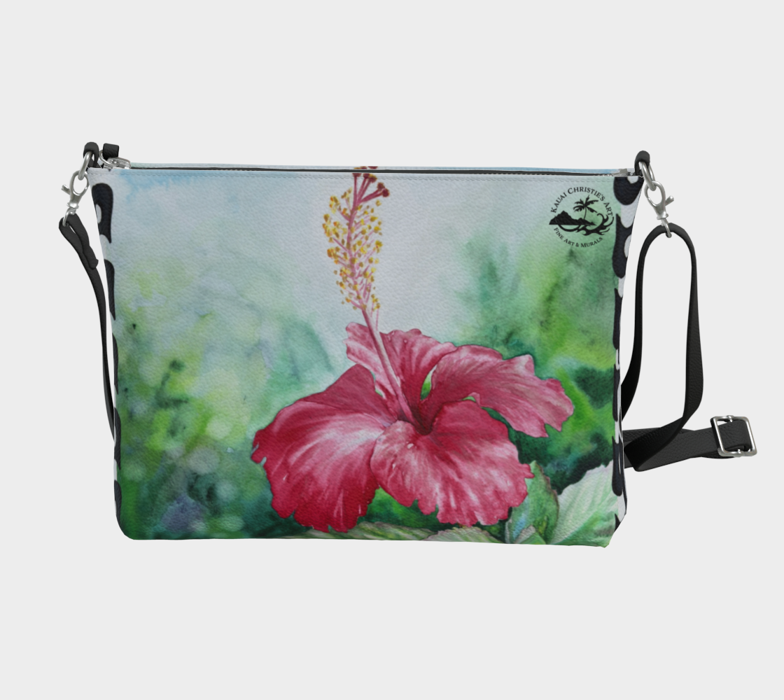 Hibiscus Flower, Hawaiian Flower Watercolor Art Print Zipper Purse with Long Strap - Artsy Accessory bag