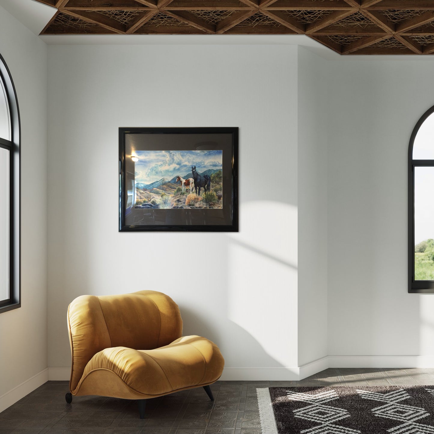 Mustangs Wild, Original Fine Art, professionally Framed, Wild Horse Art Watercolor Painting by artist Christie Marie E. Russell ©