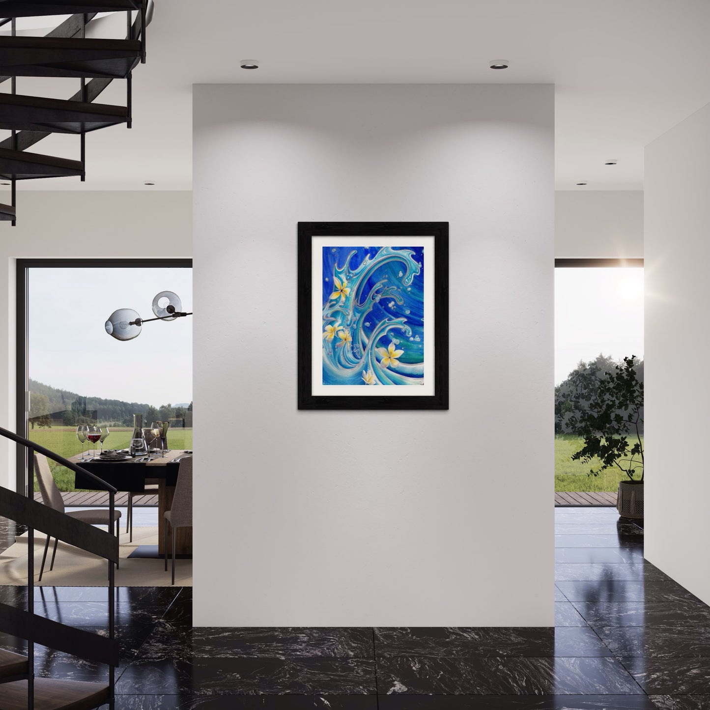 Original Large Watercolor mixed media, Tropical Plumeria Flowers, Painting, Blue Hawaii, gallery art by artist Christie Marie E Russell ©