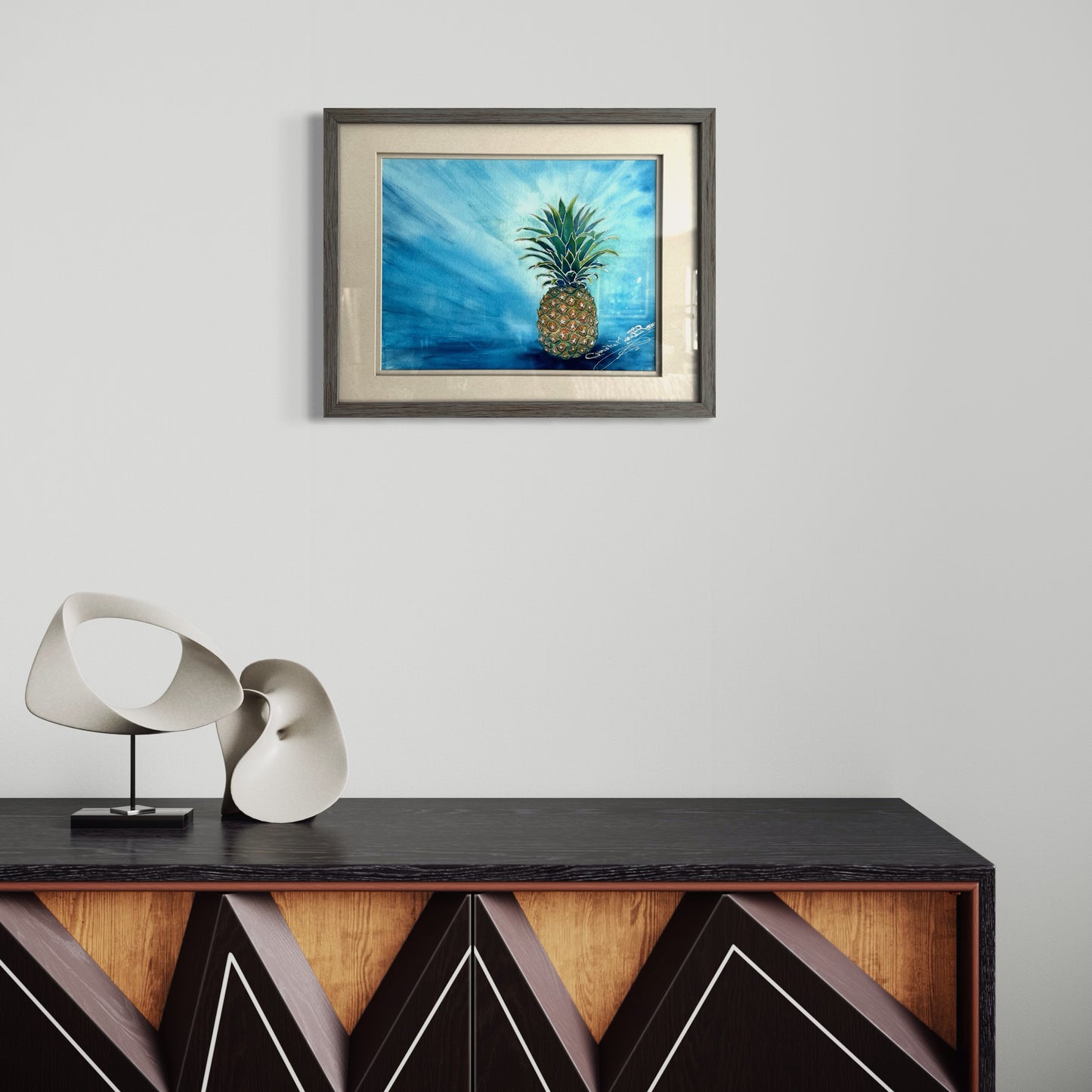 Original Stylized Watercolor mixed media, "Yum" Tropical Hawaiian pineapple art by artist Christie Marie Elder-Russell