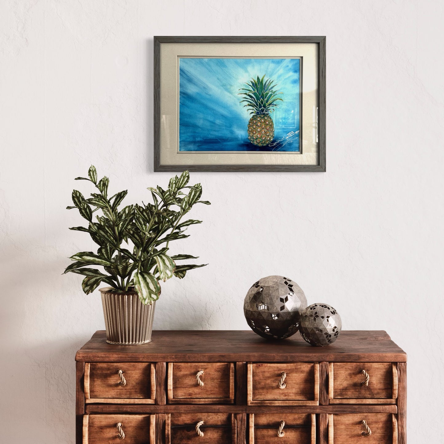 Original Stylized Watercolor mixed media, "Yum" Tropical Hawaiian pineapple art by artist Christie Marie Elder-Russell