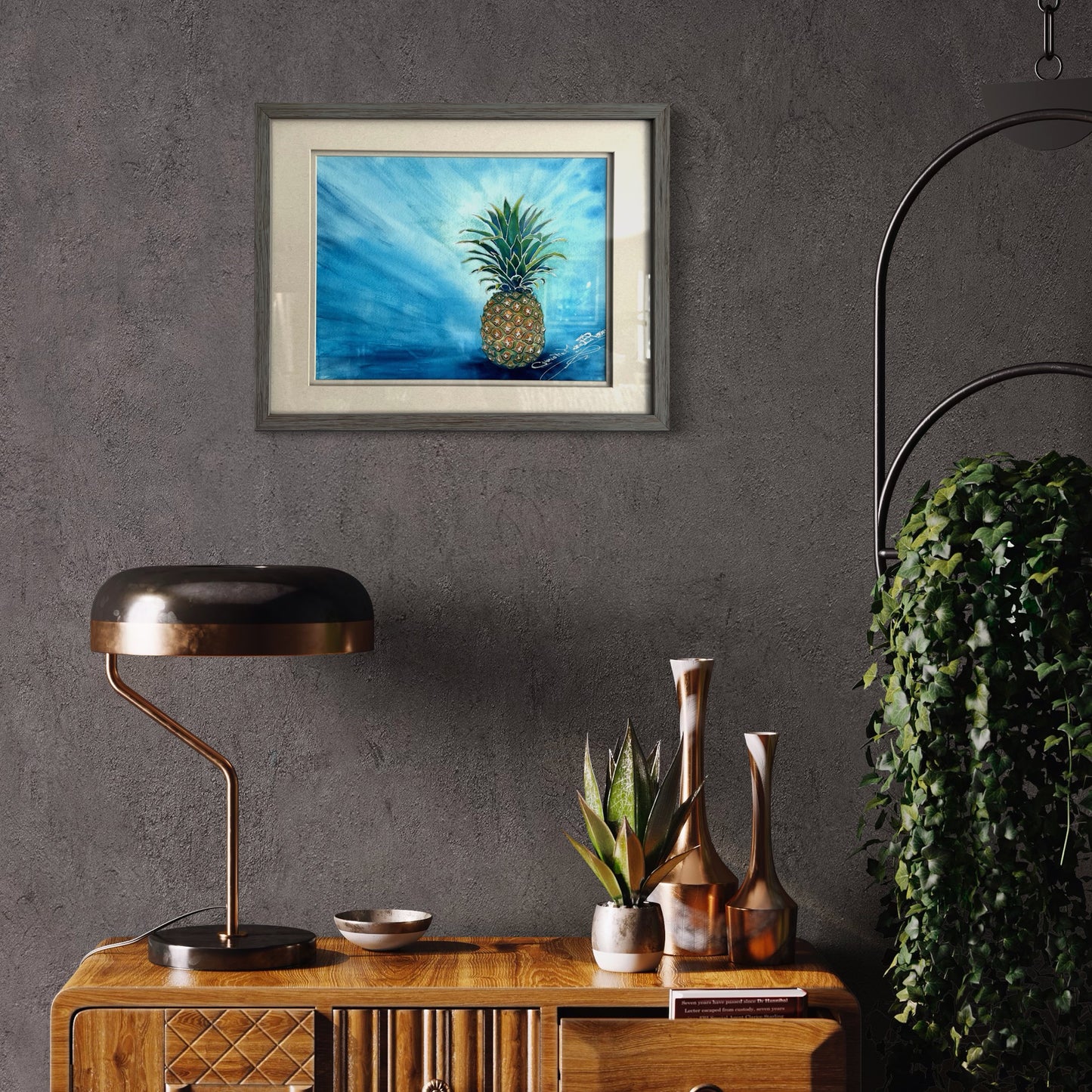 Original Stylized Watercolor mixed media, "Yum" Tropical Hawaiian pineapple art by artist Christie Marie Elder-Russell