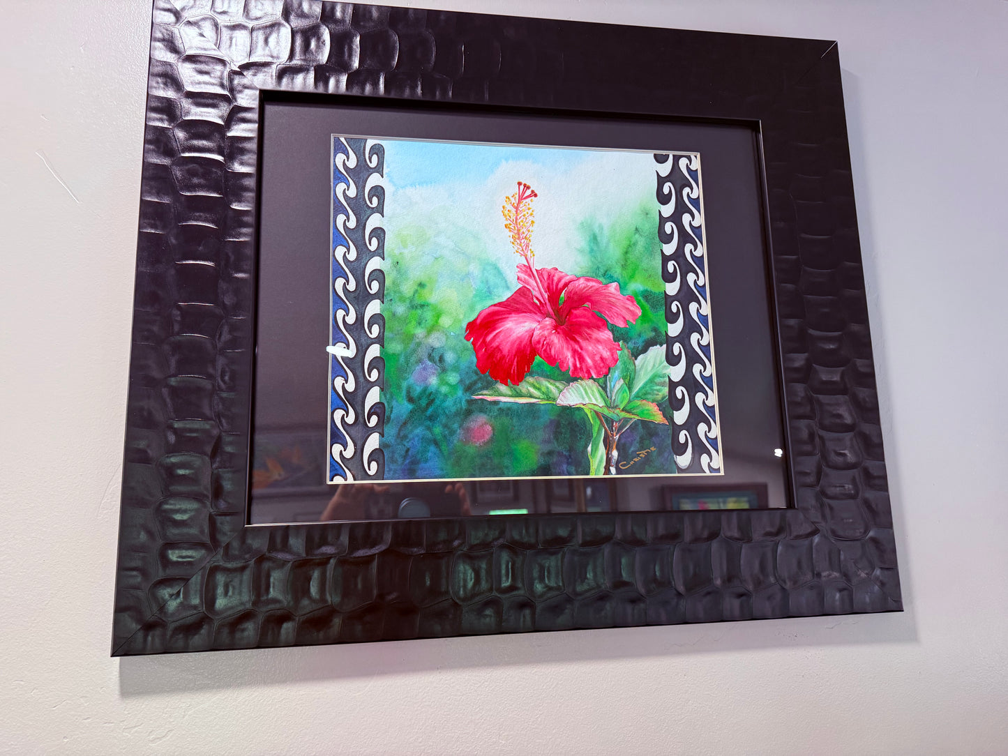 Hawaiian Hibiscus Art Framed Original Fine Art Tropical Hawaii Red Flower Framed Watercolor Painting by artist Christie Marie E Russell ©