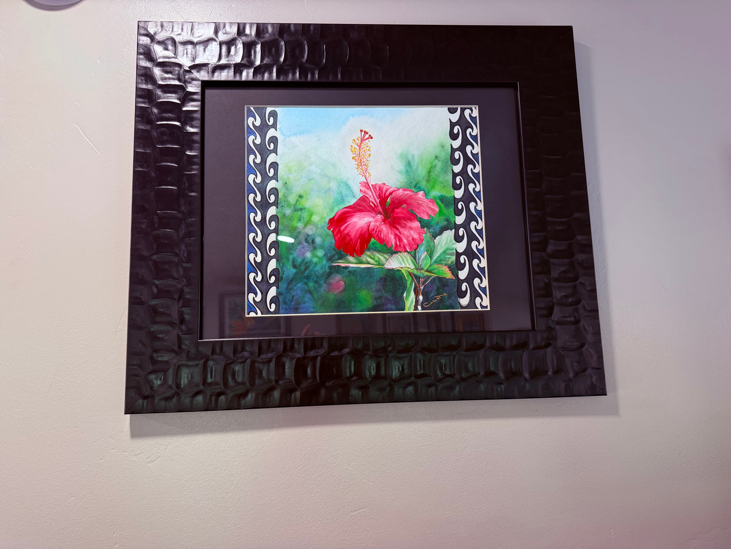 Hawaiian Hibiscus Art Framed Original Fine Art Tropical Hawaii Red Flower Framed Watercolor Painting by artist Christie Marie E Russell ©