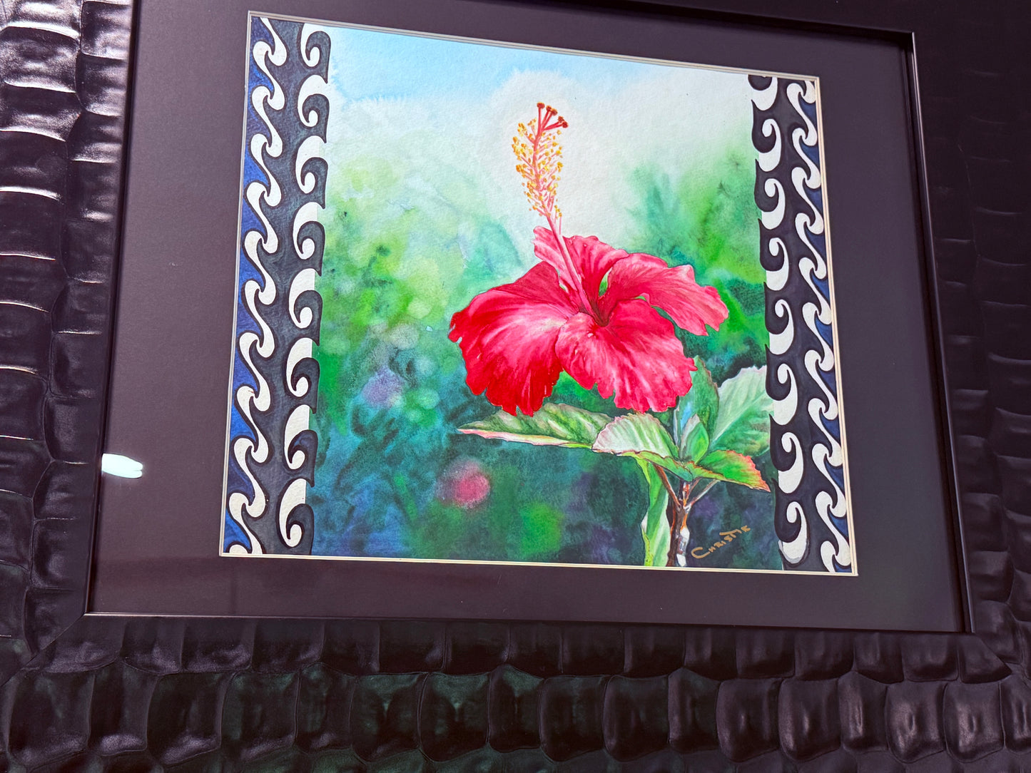 Hawaiian Hibiscus Art Framed Original Fine Art Tropical Hawaii Red Flower Framed Watercolor Painting by artist Christie Marie E Russell ©