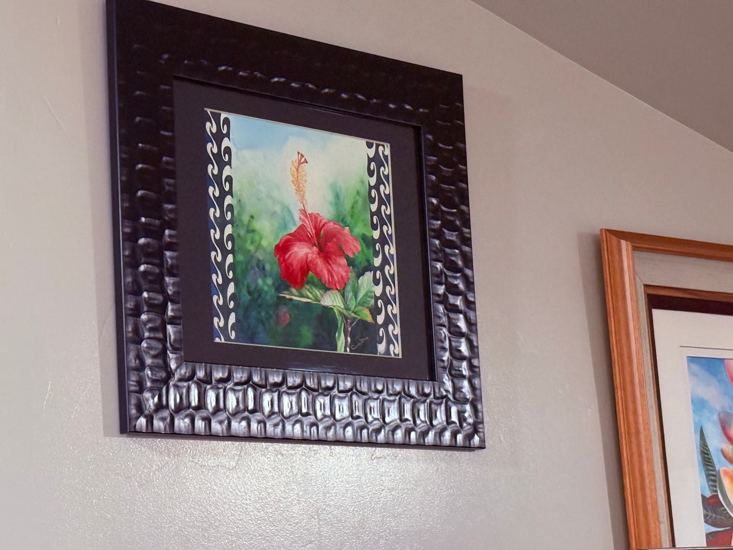 Hawaiian Hibiscus Art Framed Original Fine Art Tropical Hawaii Red Flower Framed Watercolor Painting by artist Christie Marie E Russell ©