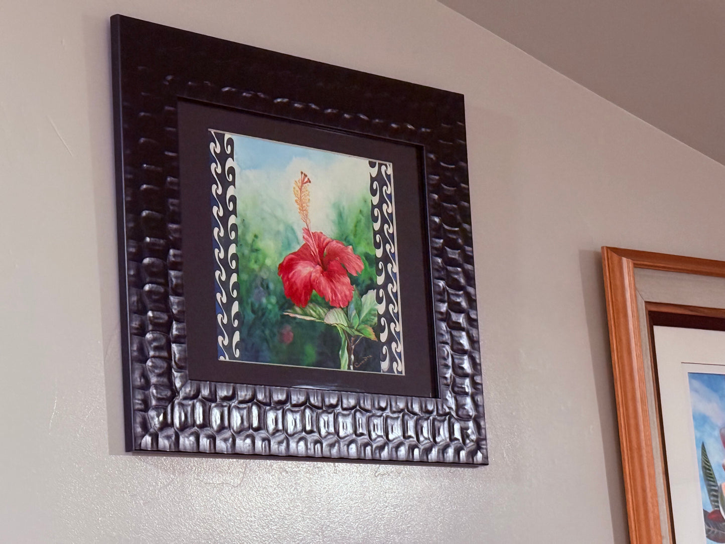 Hawaiian Hibiscus Art Framed Original Fine Art Tropical Hawaii Red Flower Framed Watercolor Painting by artist Christie Marie E Russell ©