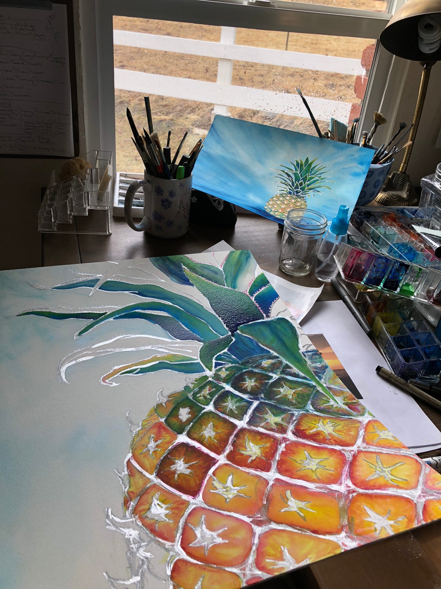 Original Mixed Media Artwork "Sweet Welcome" Stylized Pineapple Art Framed Painting