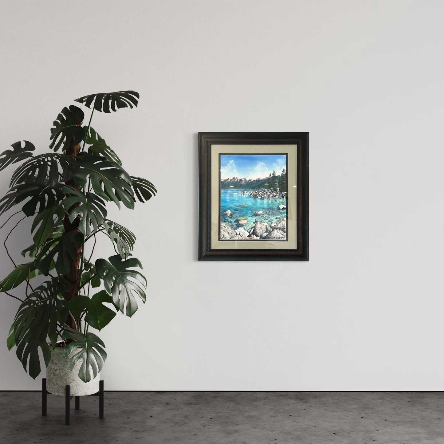 Original Watercolor Painting Lake Tahoe Sand Harbor Art turquoise water Mountain Nature Framed Art by Artist Christie Marie Elder ©