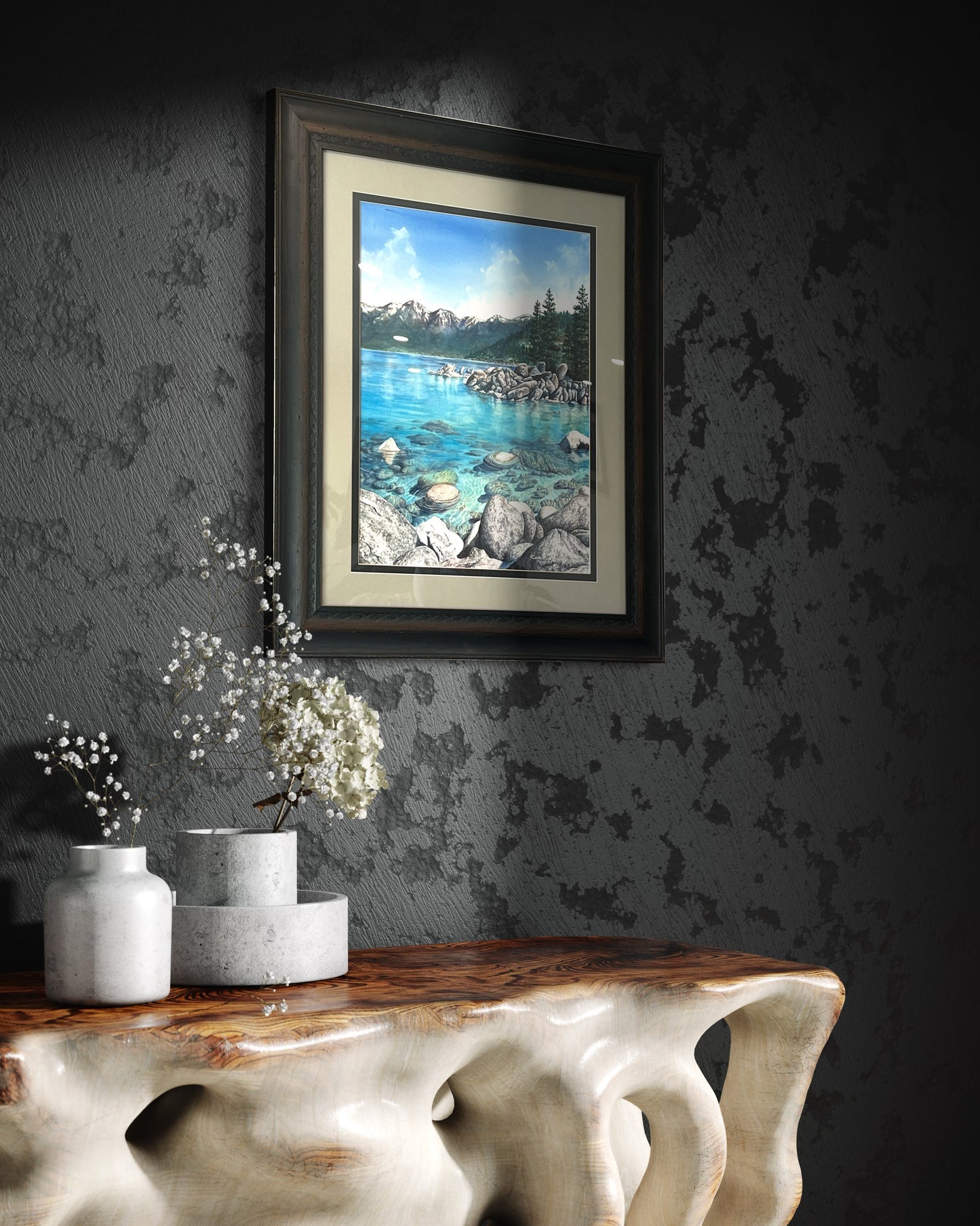 Original Watercolor Painting Lake Tahoe Sand Harbor Art turquoise water Mountain Nature Framed Art by Artist Christie Marie Elder-Russell ©