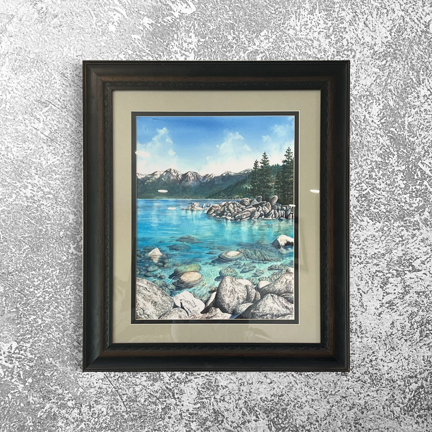 Original Watercolor Painting Lake Tahoe Sand Harbor Art turquoise water Mountain Nature Framed Art by Artist Christie Marie Elder-Russell ©