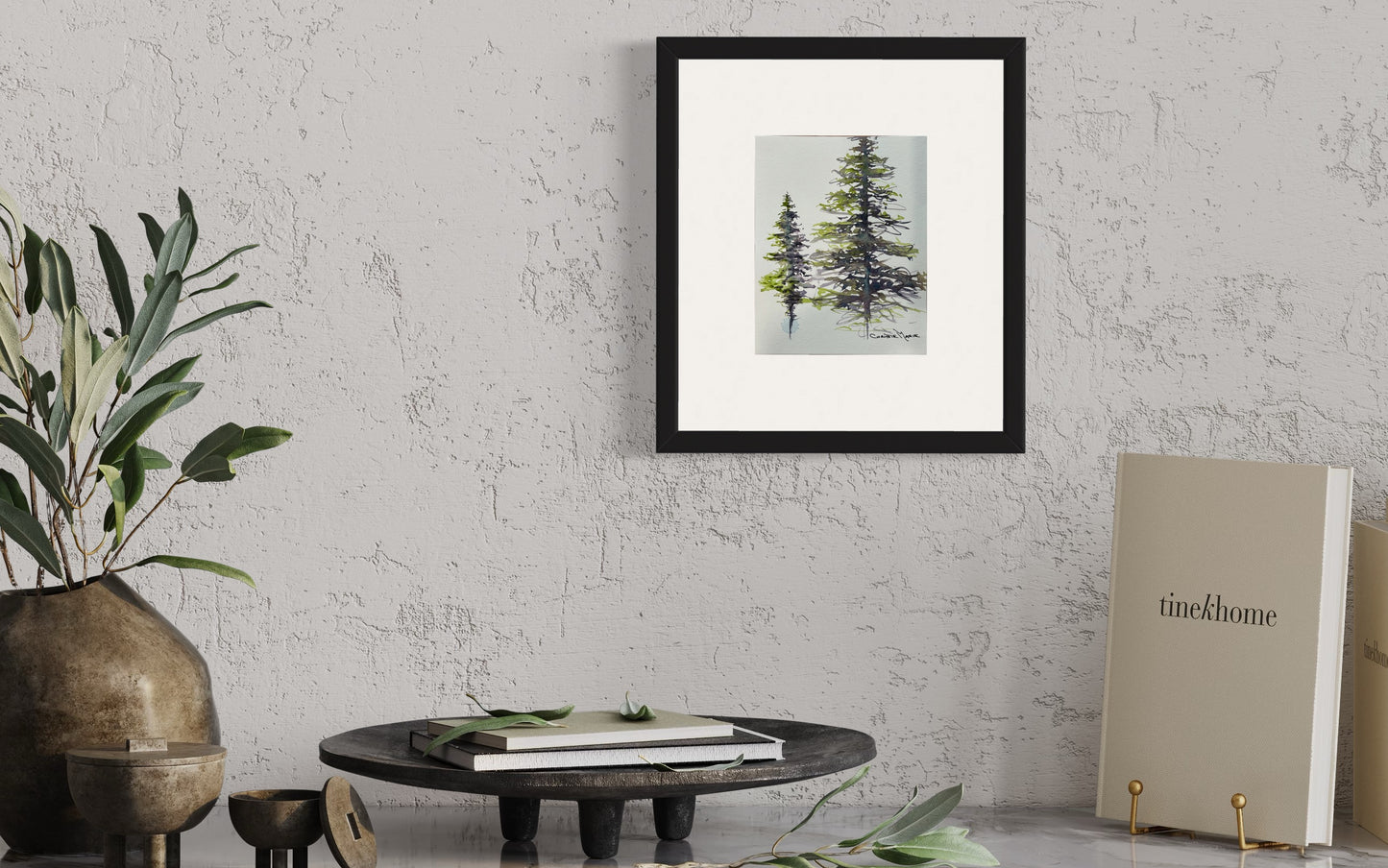 Original Watercolor Art Painting, Moon Glow and Serpentine - Stylized Pine tree art study in two colors.