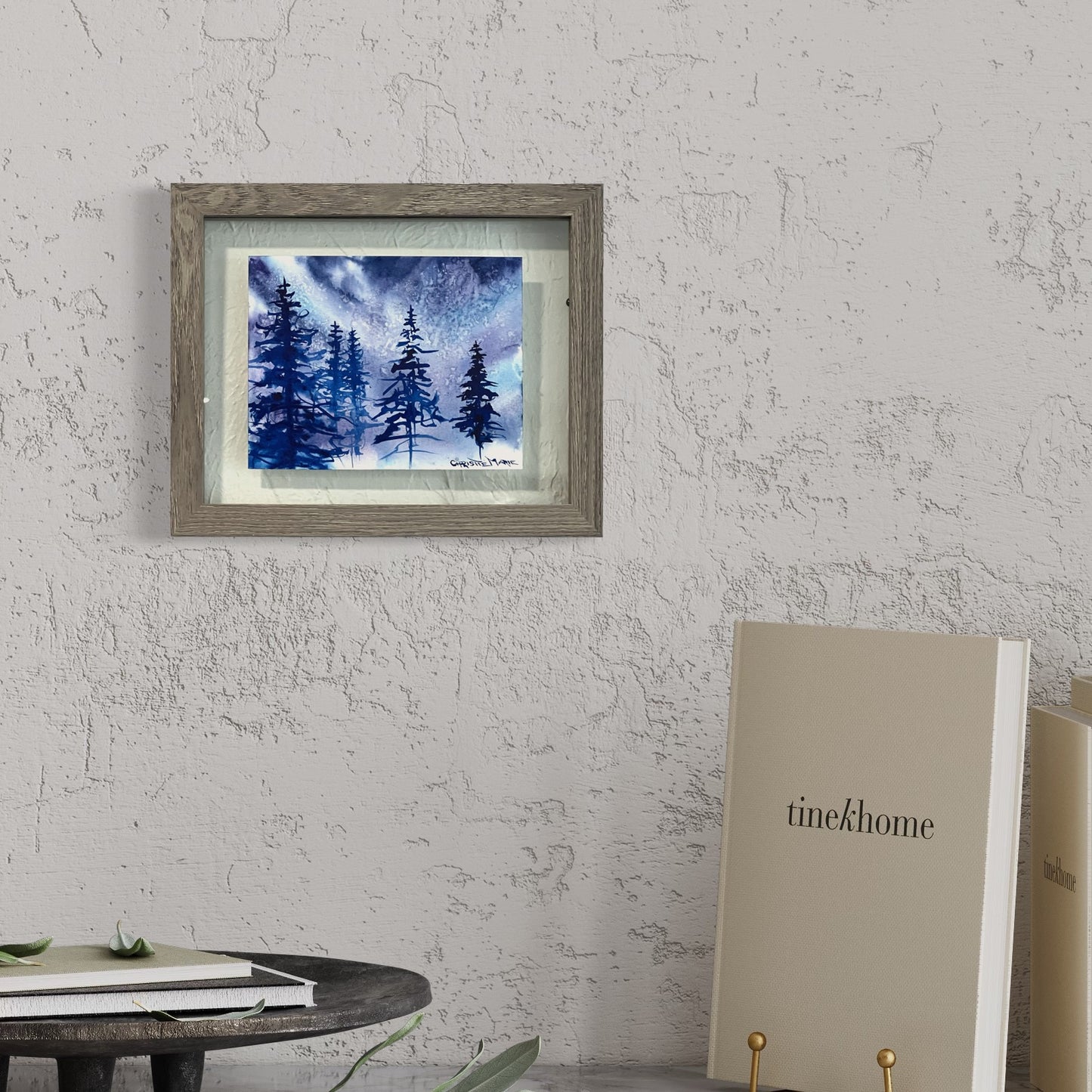 Original Watercolor Painting "Indigo Muse" Mountain Forest brush stroke abstract, indigo pine forest light