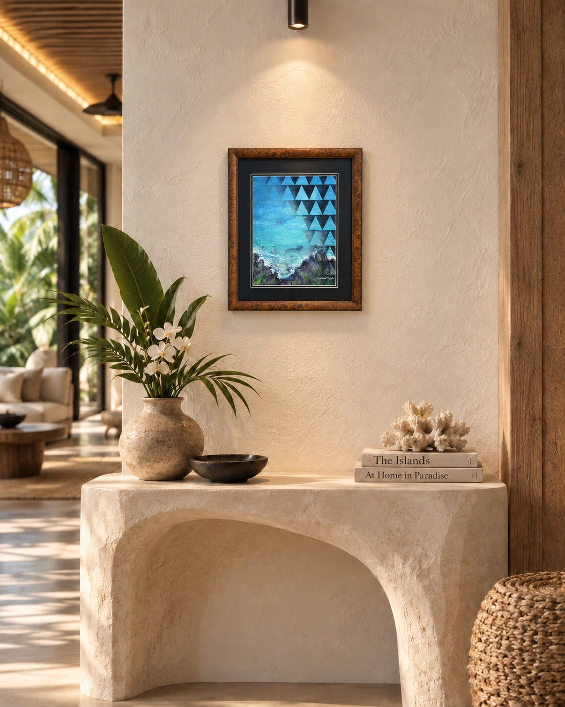 True-to-scale interior visualization of framed Mano Niho on a light stucco wall in an airy tropical-modern home