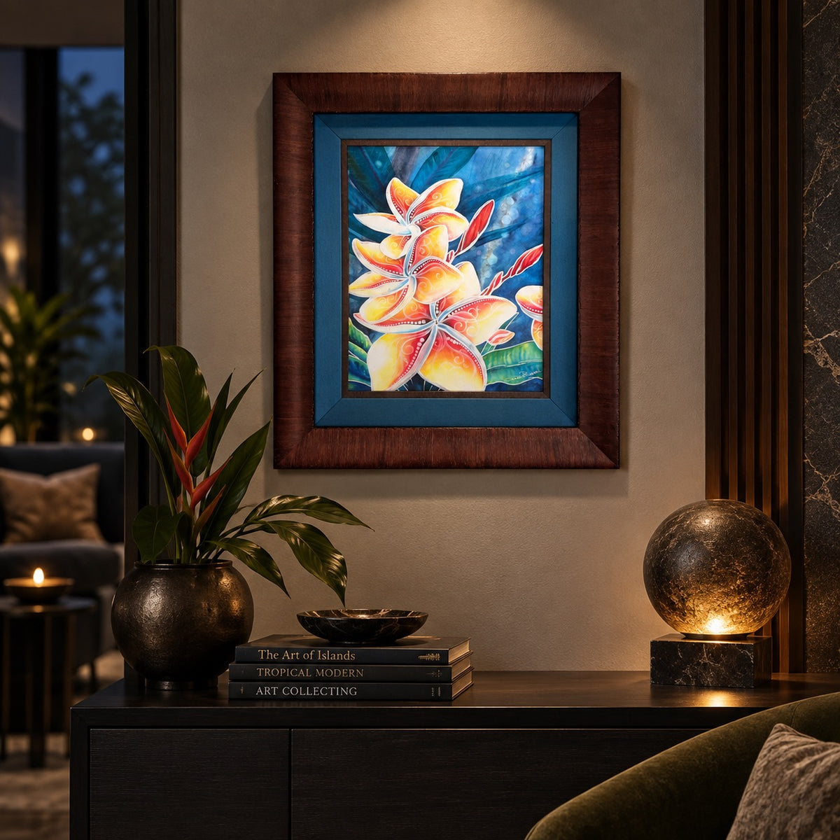 Mana displayed in a moody evening interior staging, reflecting the artwork’s enchanted nighttime atmosphere and warm tropical glow.