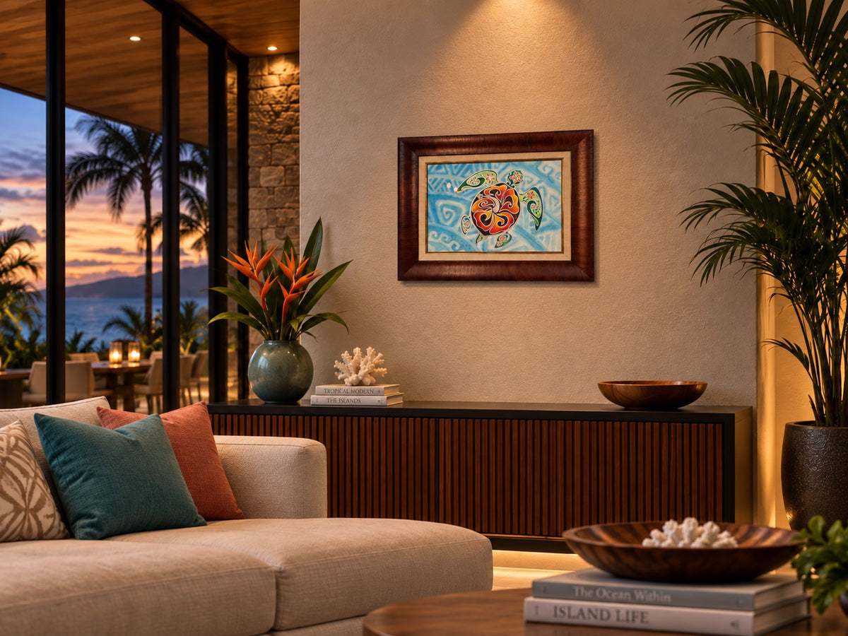 Nani Honu framed watercolor displayed in a luxury tropical interior with warm sunset light and ocean-inspired accents