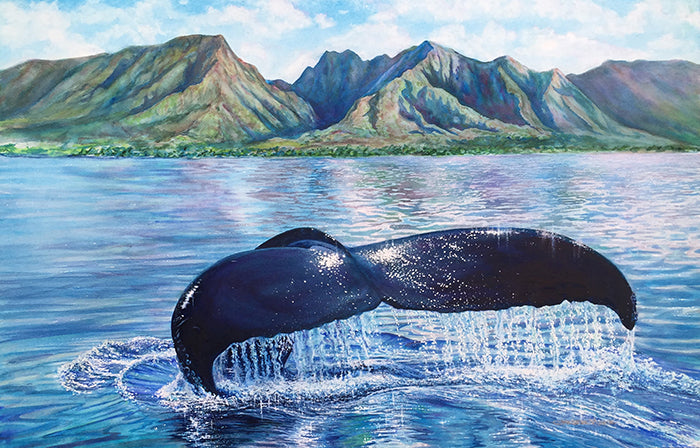 Original Watercolor Painting of Humpback Whale by Lahaina, Maui Hawaii Fine Art, genuine gemstone paints Artist Christie Marie E. Russell ©
