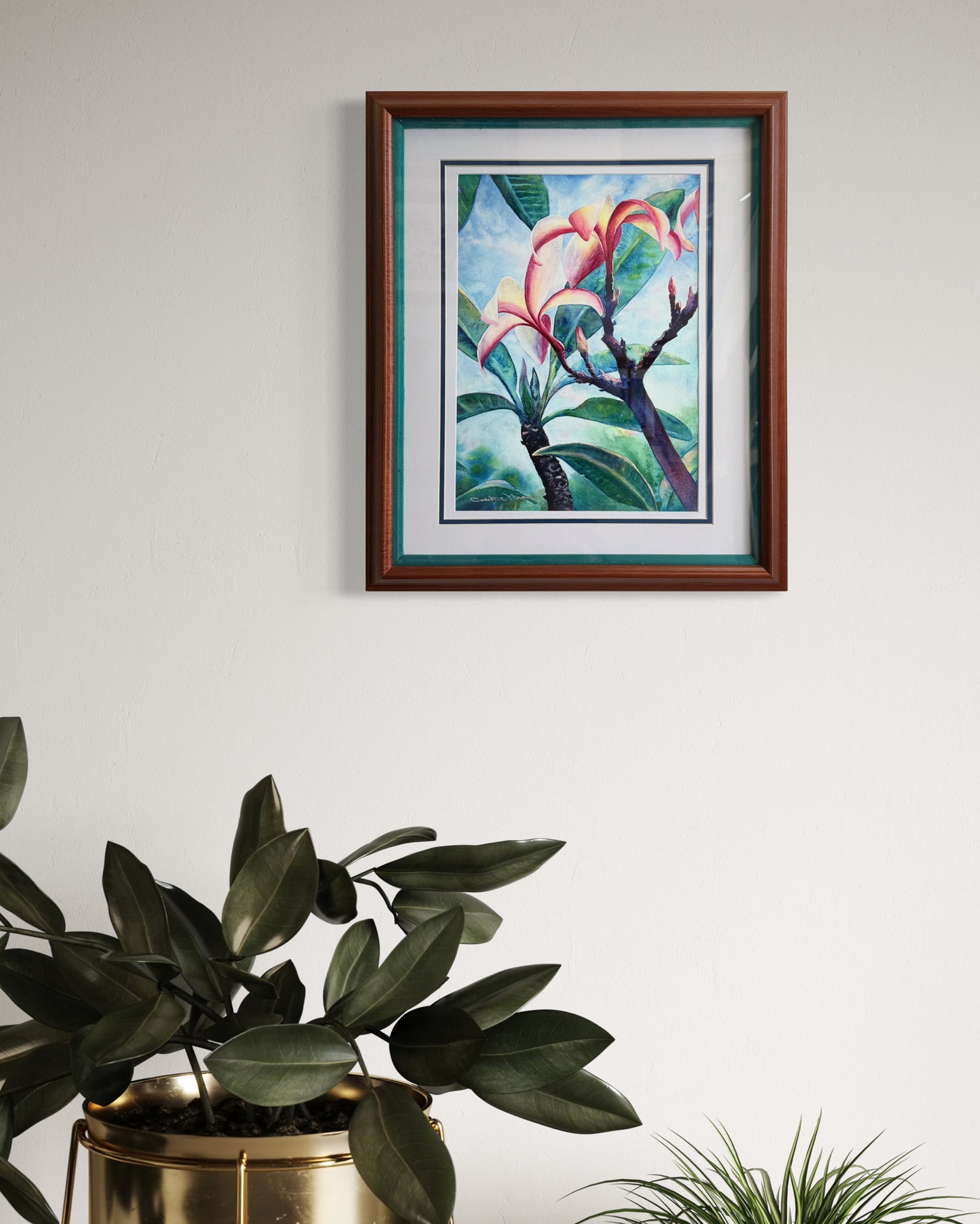 Original Framed Watercolor Painting - Plumeria / Frangipani Garden Floral Art -