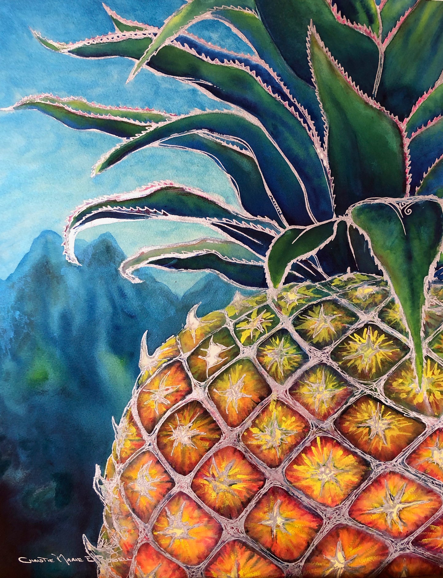Original Mixed Media Artwork "Sweet Welcome" Stylized Pineapple Art Framed Painting