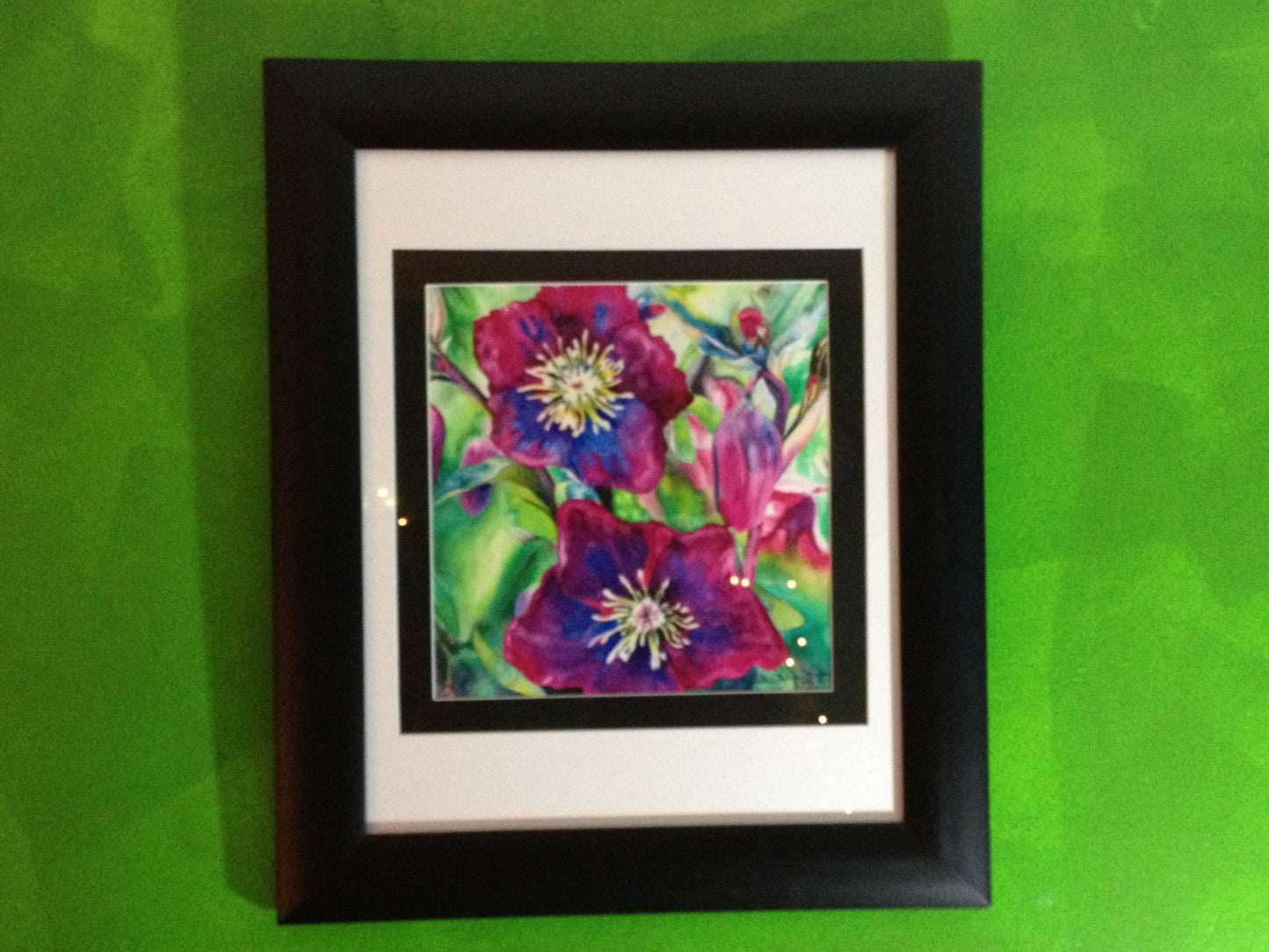 Framed Original Fine Art - PASSION - magenta pink flowers - 12" X 12" Original Watercolor Painting Christie Marie E. Russell ©