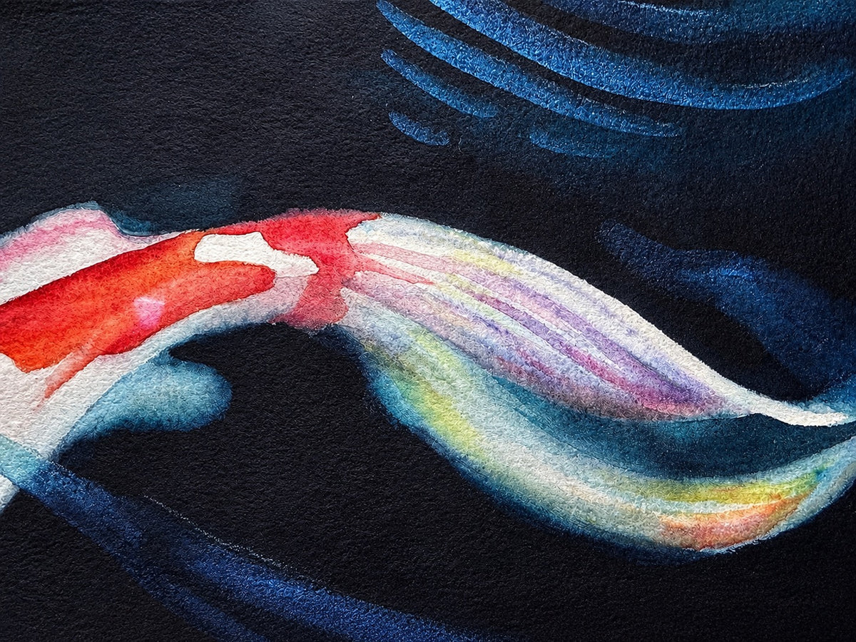 Detail of Coy Koi original watercolor art showing a luminous koi tail moving through dark blue pond water.