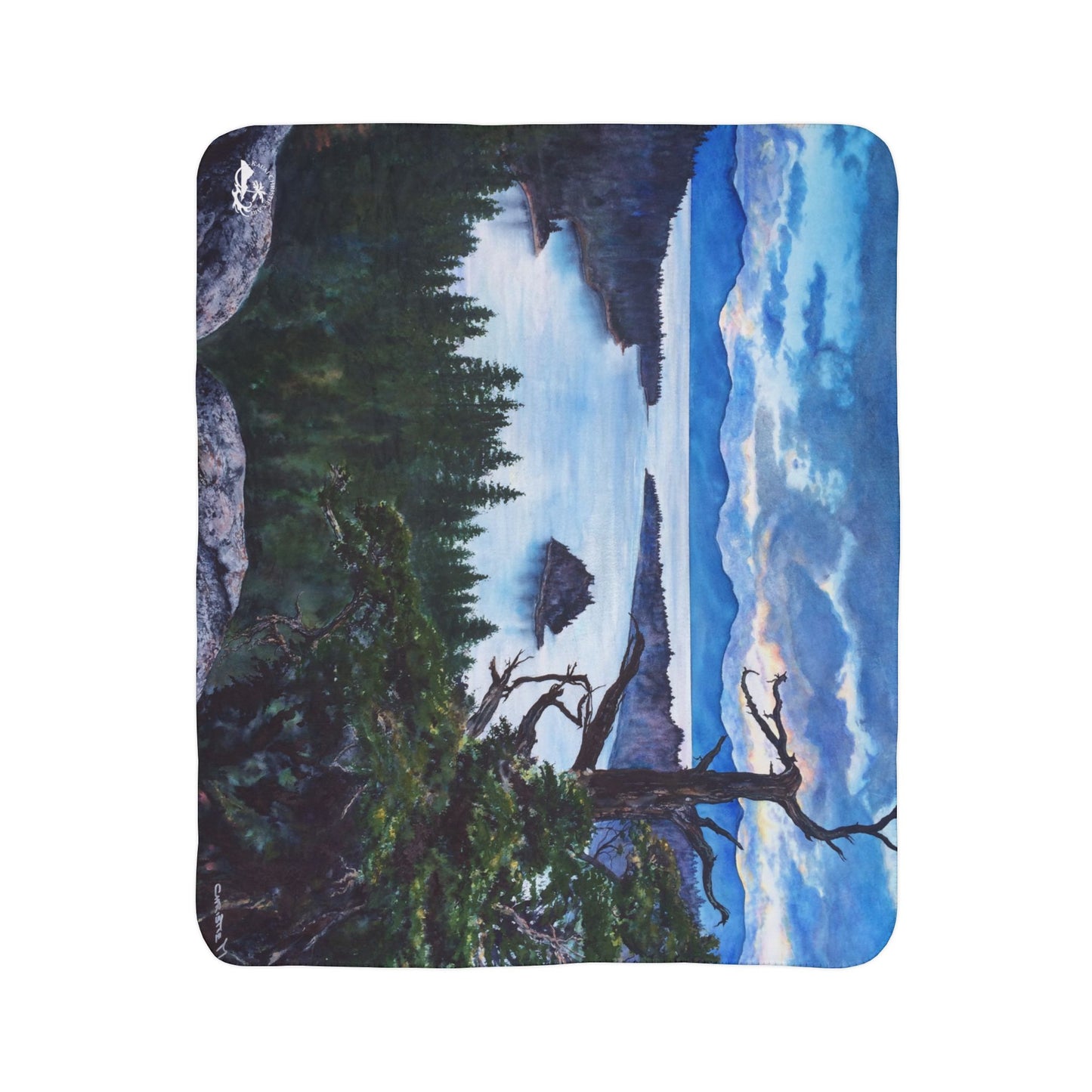 Sherpa Blanket — Mountain Lake Tahoe, Emerald Bay Watercolor Landscape Fleece Throw