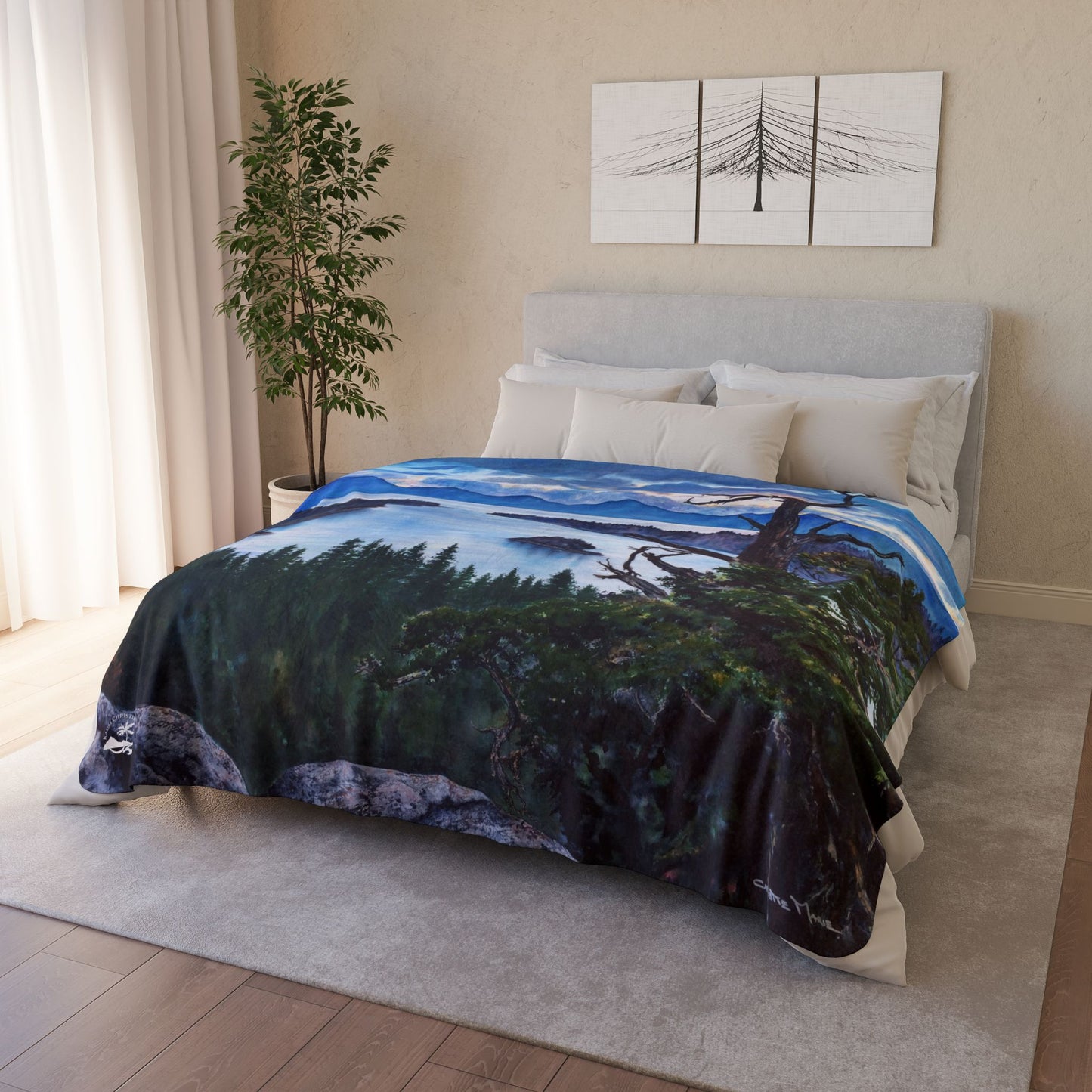 Sherpa Blanket — Mountain Lake Tahoe, Emerald Bay Watercolor Landscape Fleece Throw