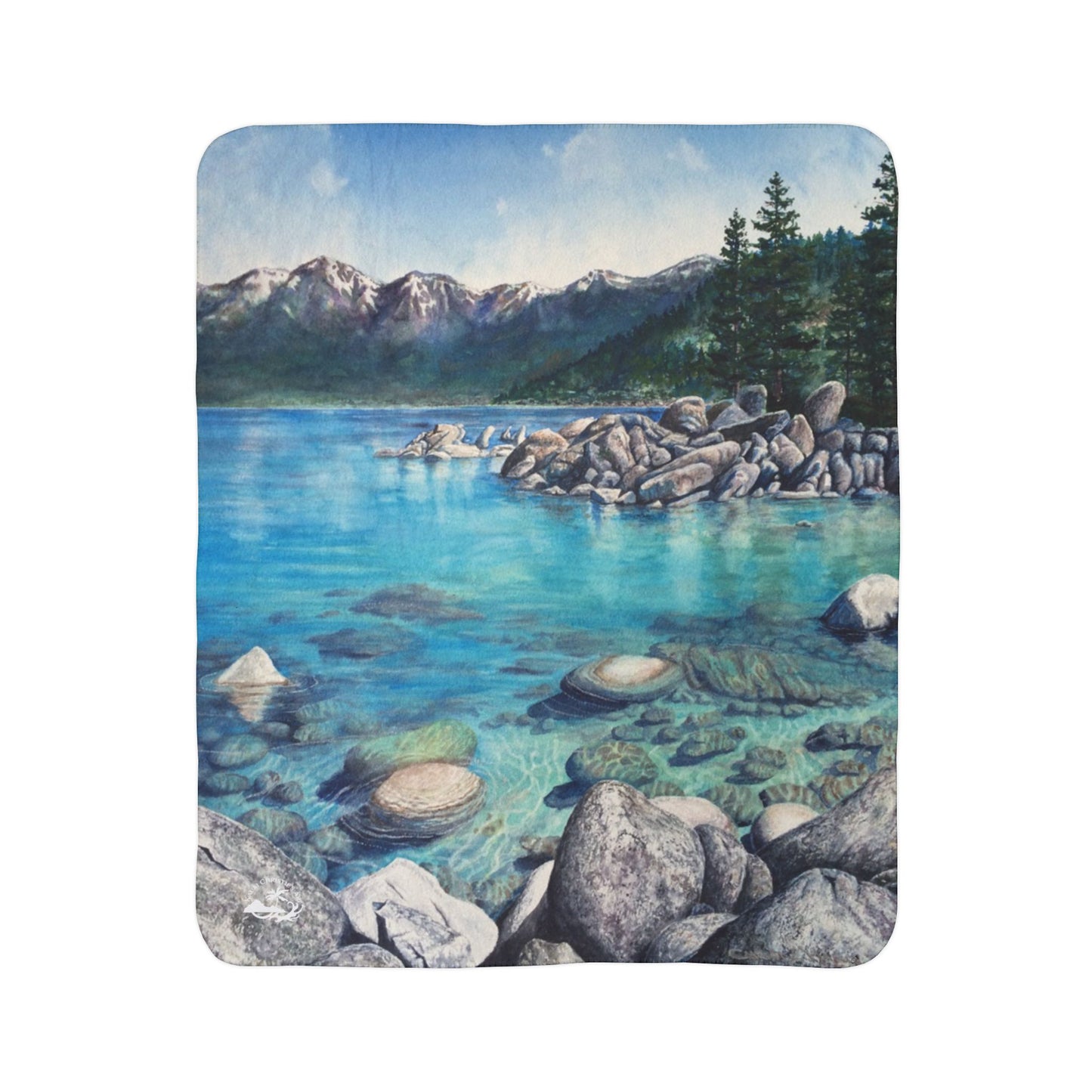 Scenic Mountain Lake Tahoe, Sand Harbor Watercolor Art Fleece Sherpa Blanket — Tranquil Nature Throw