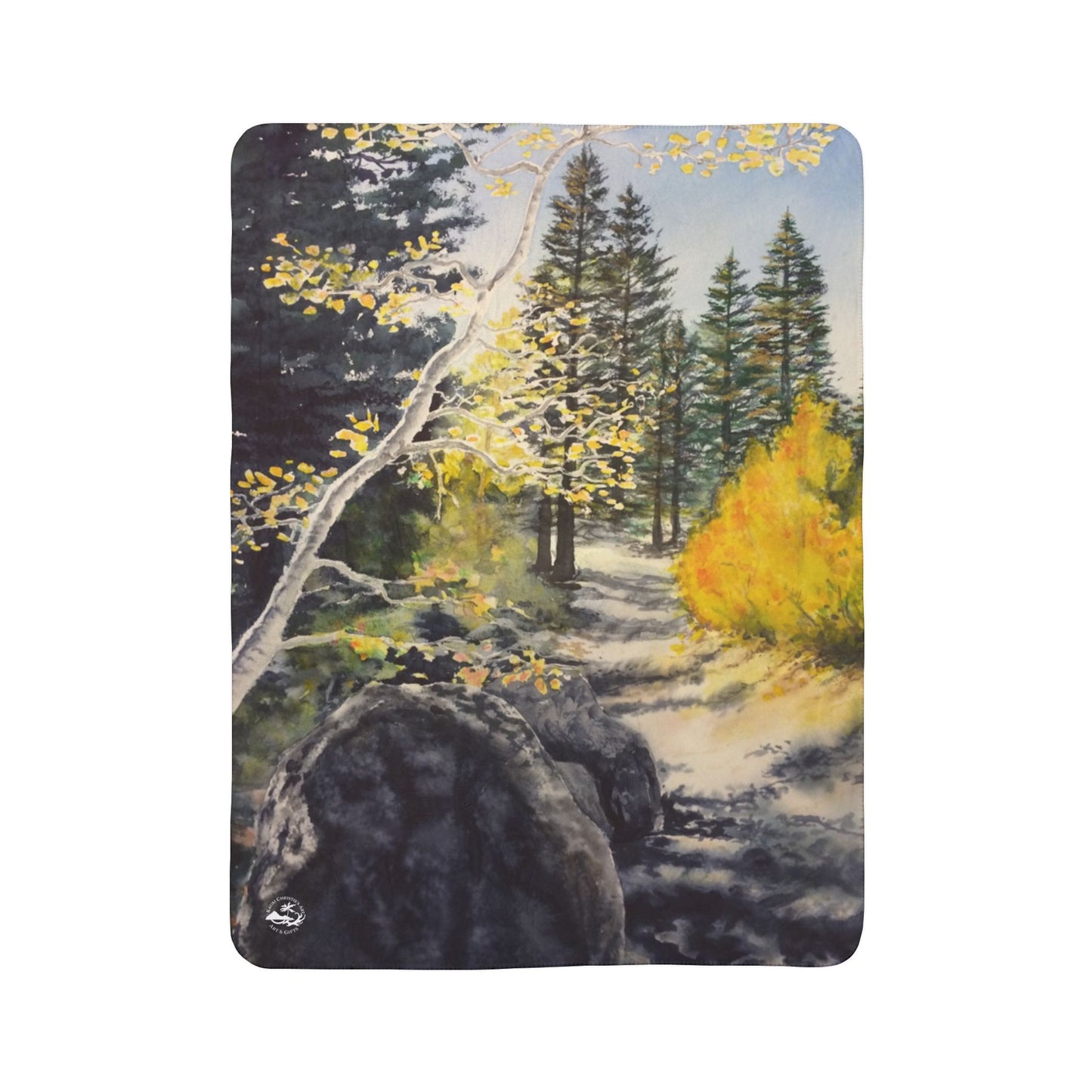 Sherpa Blanket —Watercolor art print -Fall Leaves hiking trail- Autumn Aspen Forest Fleece Throw