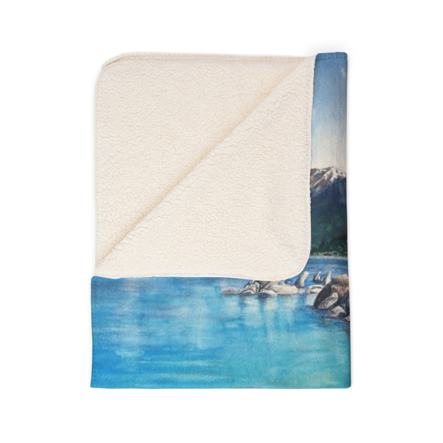 Scenic Mountain Lake Tahoe, Sand Harbor Watercolor Art Fleece Sherpa Blanket — Tranquil Nature Throw