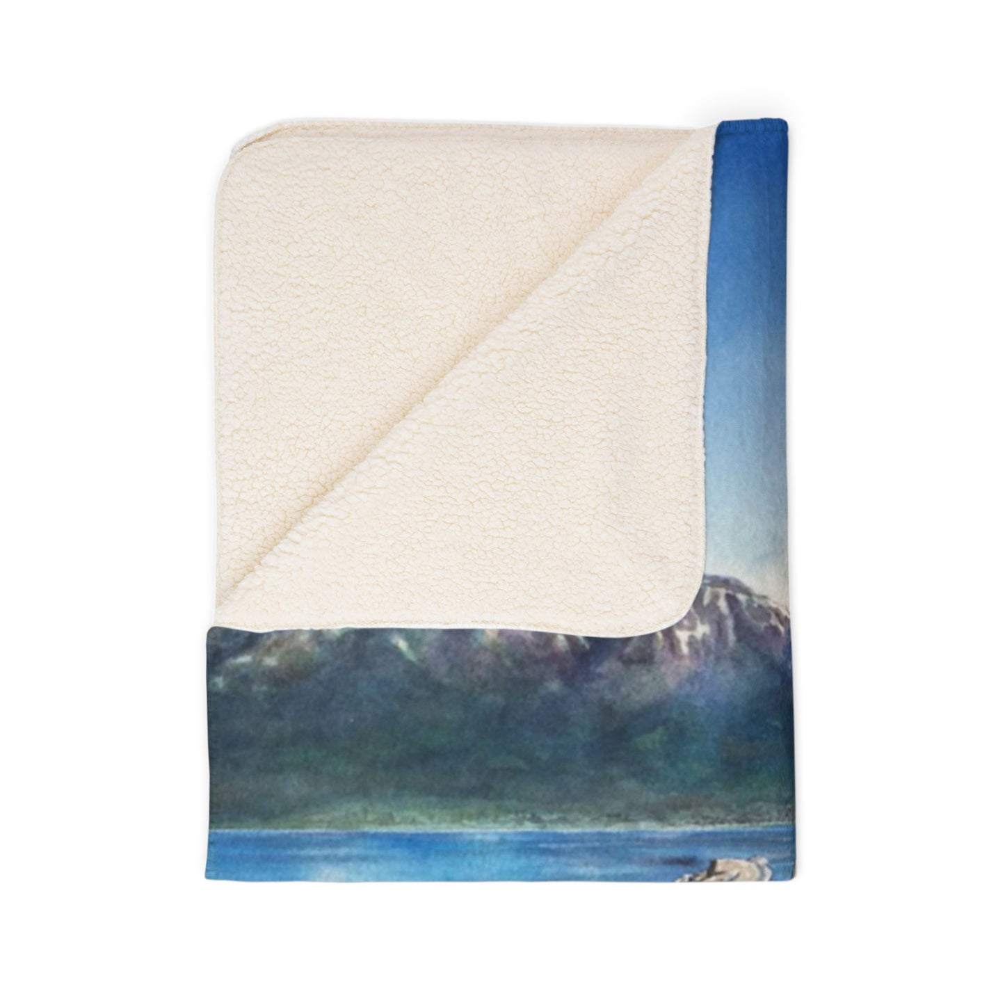 Scenic Mountain Lake Tahoe, Sand Harbor Watercolor Art Fleece Sherpa Blanket — Tranquil Nature Throw