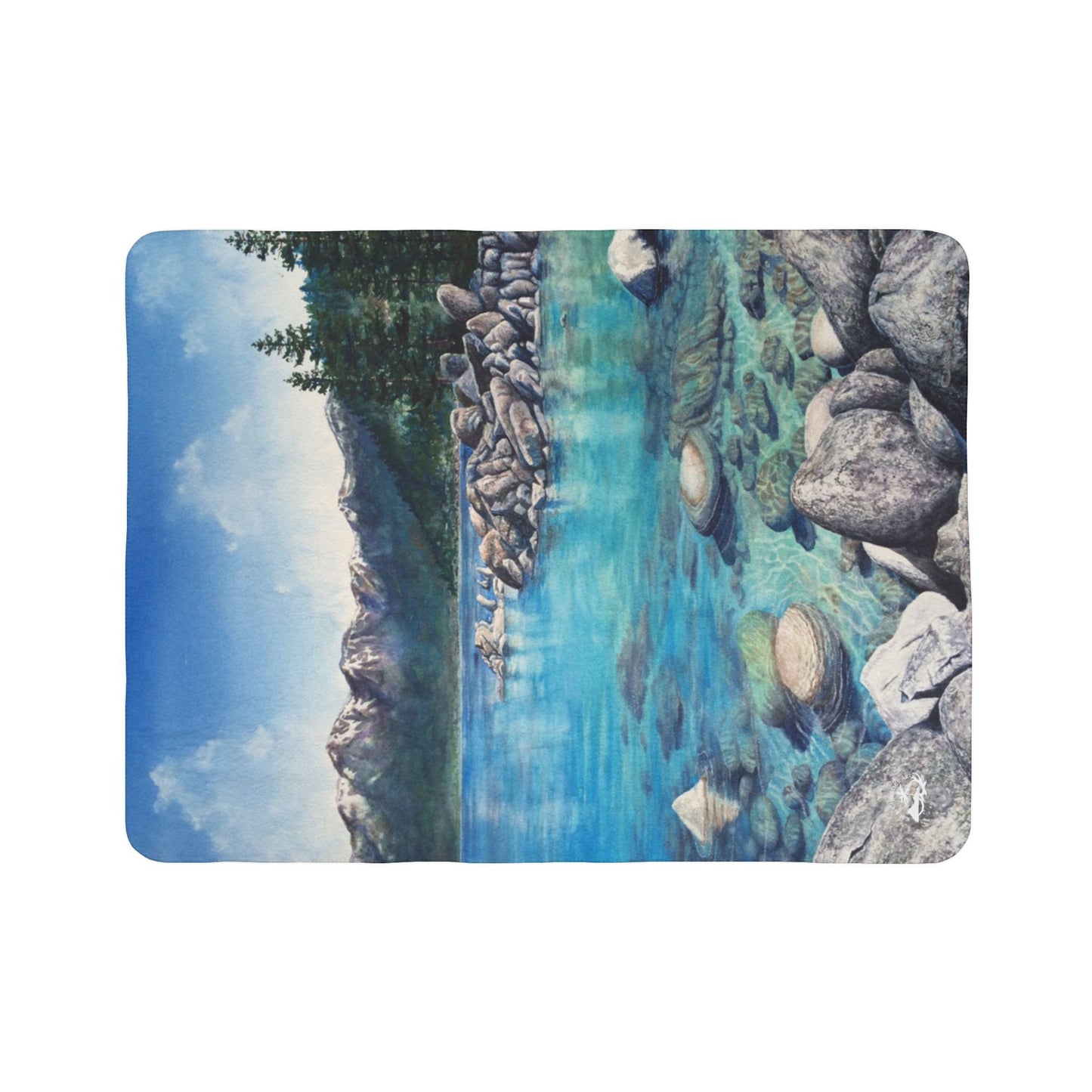 Scenic Mountain Lake Tahoe, Sand Harbor Watercolor Art Fleece Sherpa Blanket — Tranquil Nature Throw