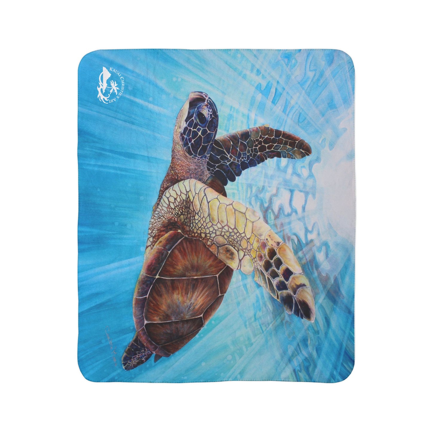 Sea Turtle Watercolor Art print Fleece Sherpa Blanket –"Aloha Spirit" Ocean Blue Coastal Throw
