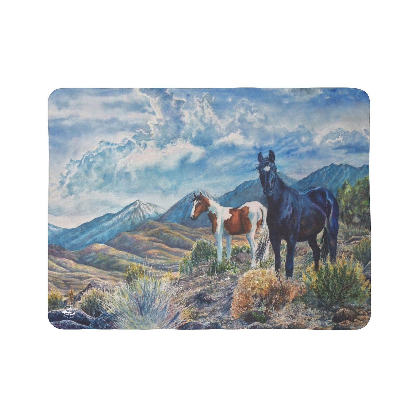 Wild Mustang Horse Sierra Nevada Mountains Sherpa Blanket - Watercolor Wild Horses Throw