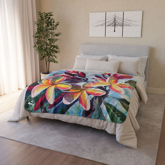 Plumeria Flowers Floral Sherpa Blanket — Tropical Fleece Throw for Colorful Cozy Home & Beach Gifts