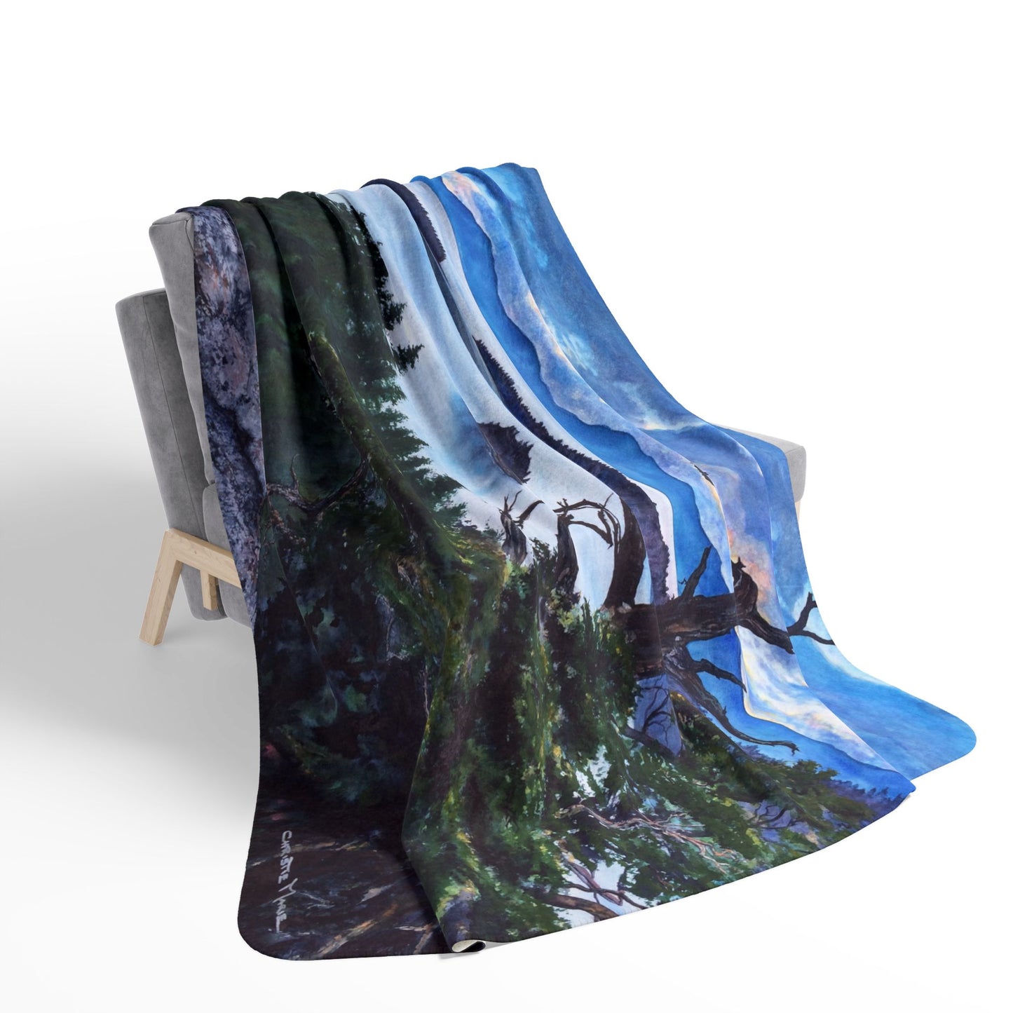 Sherpa Blanket — Mountain Lake Tahoe, Emerald Bay Watercolor Landscape Fleece Throw