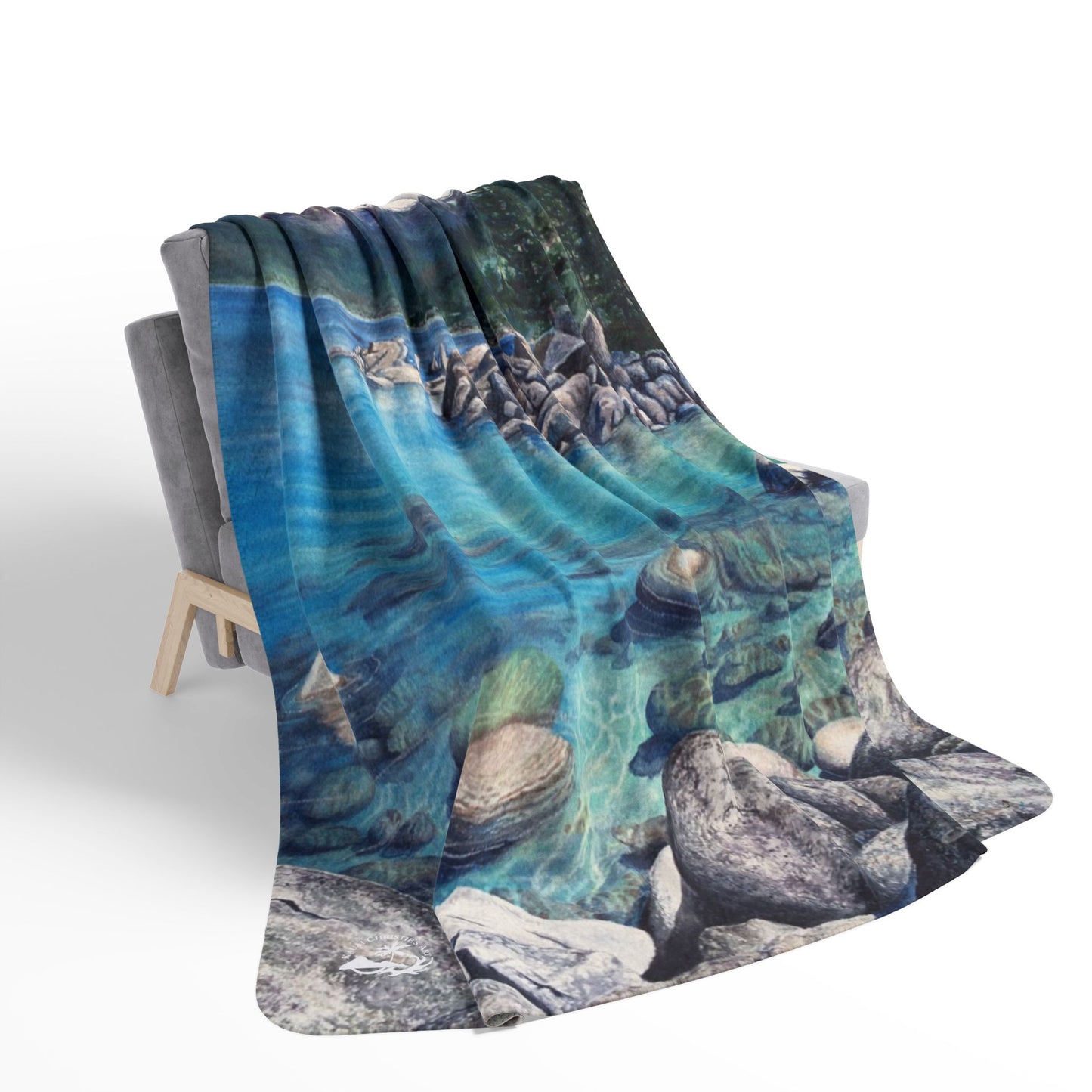 Scenic Mountain Lake Tahoe, Sand Harbor Watercolor Art Fleece Sherpa Blanket — Tranquil Nature Throw