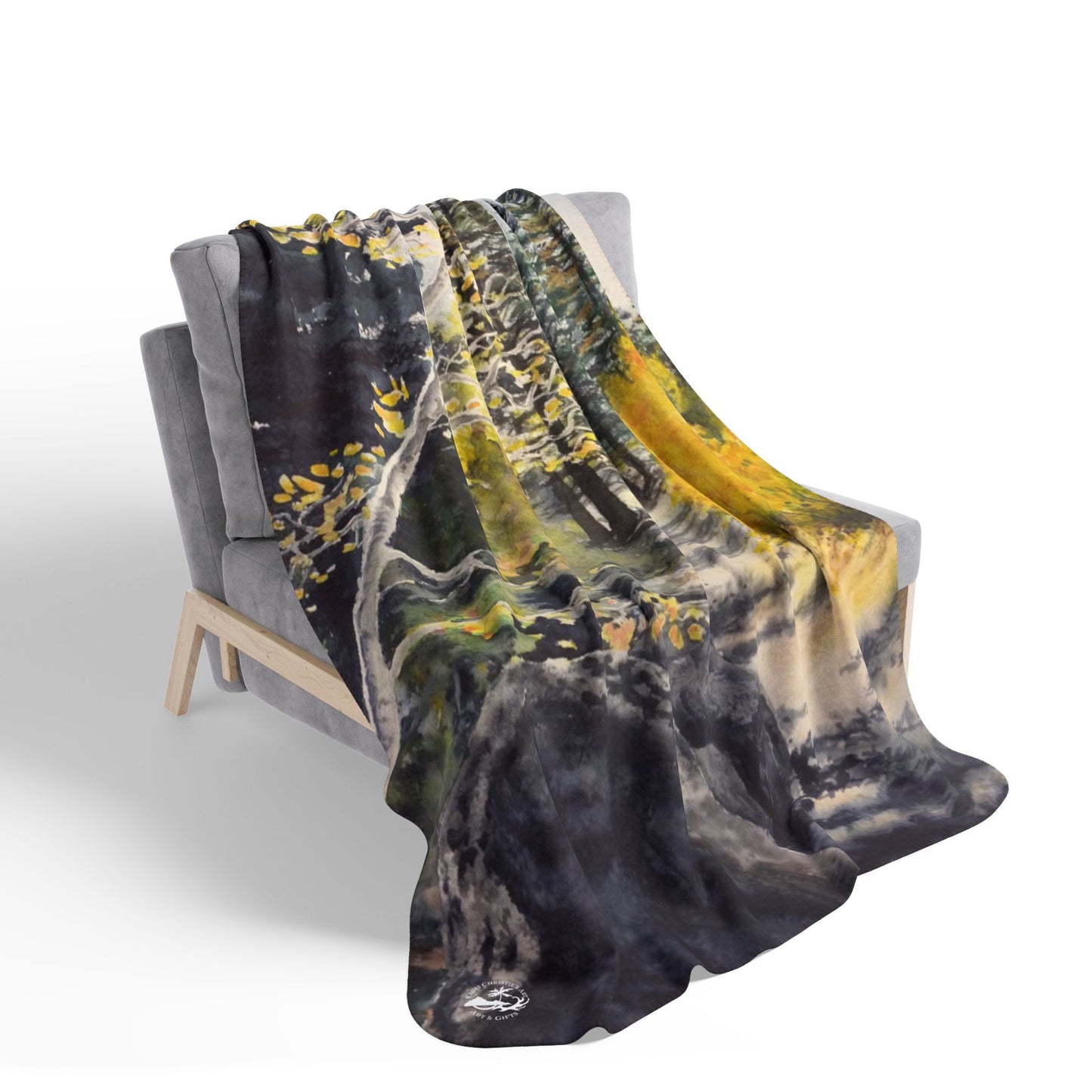 Sherpa Blanket —Watercolor art print -Fall Leaves hiking trail- Autumn Aspen Forest Fleece Throw