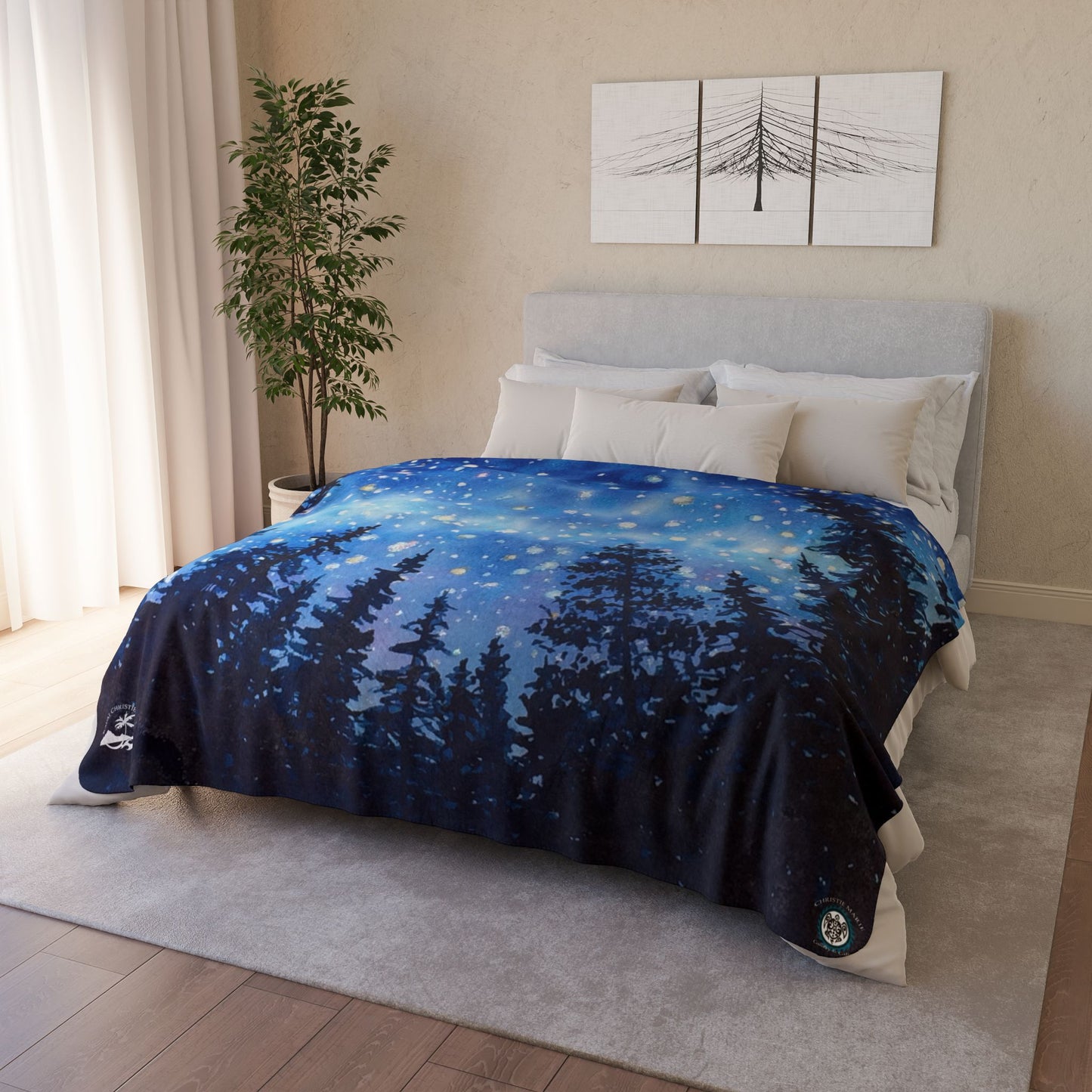 Starry Night Forest Watercolor Art ~ Camp gift Fleece Sherpa Blanket
