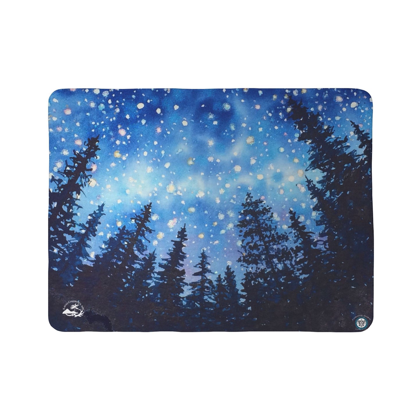 Starry Night Forest Watercolor Art ~ Camp gift Fleece Sherpa Blanket