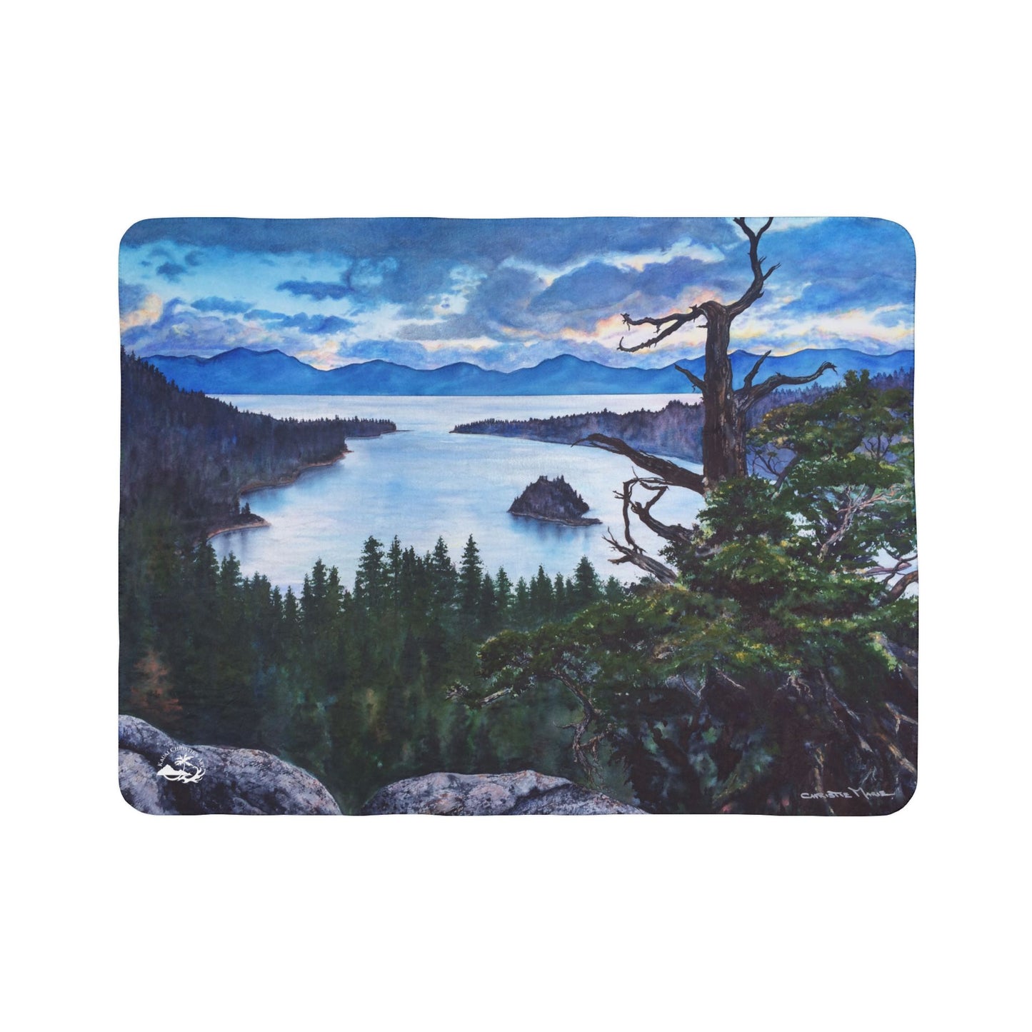 Sherpa Blanket — Mountain Lake Tahoe, Emerald Bay Watercolor Landscape Fleece Throw