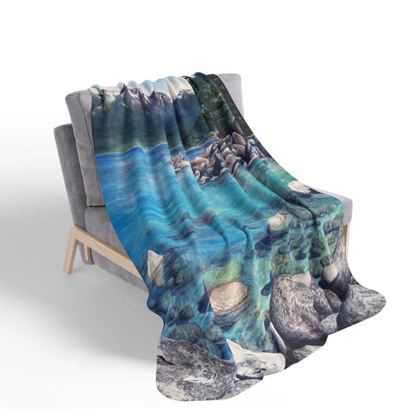 Scenic Mountain Lake Tahoe, Sand Harbor Watercolor Art Fleece Sherpa Blanket — Tranquil Nature Throw