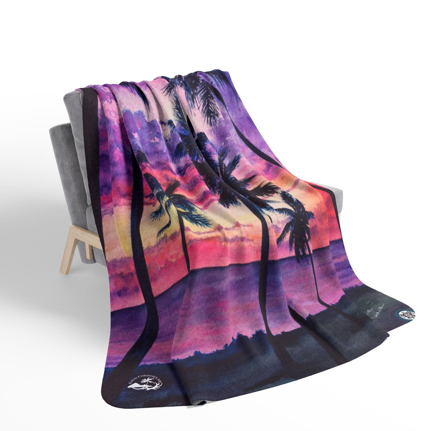 Pink Palms Tropical Sunset Fleece Sherpa Blanket — Palm Trees Purple Pink Beach Throw
